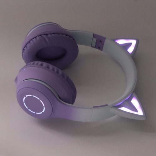 LED Light Up Cat Ear Gaming Headphones,Wireless Foldable Headphones with Microphone-purple