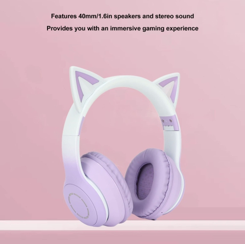 LED Light Up Cat Ear Gaming Headphones,Wireless Foldable Headphones with Microphone-purple