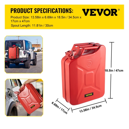 VEVOR 5.3 Gallon / 20 L Fuel Can, Portable Gas Can with Flexible Spout System, Rustproof ＆ Heat-resistant Steel Fuel Tank for Cars Trucks Equipment,