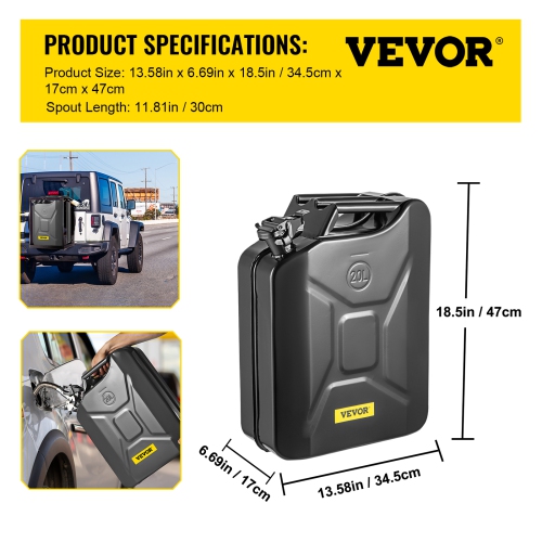 VEVOR 5.3 Gallon / 20 L Fuel Can, Portable Gas Can with Flexible Spout System, Rustproof ＆ Heat-resistant Steel Fuel Tank for Cars Trucks Equipment,