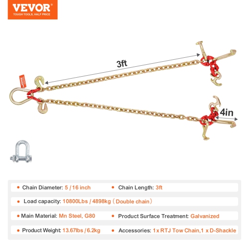 VEVOR G80 V Bridle Chain,5/16" x 3' Towing Chain Bridle with R Hooks,T Hooks,J Hooks and Grab Hooks,Transport Tow Chain Bridle with 10800 lbs Safe