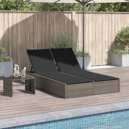 vidaXL Double Sun Lounger with Cushions Grey Poly Rattan