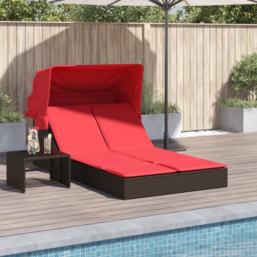 vidaXL Double Sun Lounger with Canopy and Cushions Brown Poly Rattan