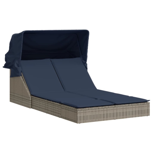 vidaXL Double Sun Lounger with Canopy and Cushions Grey Poly Rattan