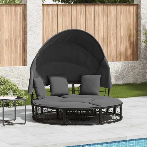 vidaXL Outdoor Lounge Bed with Canopy and Cushions Black Poly Rattan