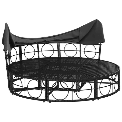 vidaXL Outdoor Lounge Bed with Canopy and Cushions Black Poly Rattan