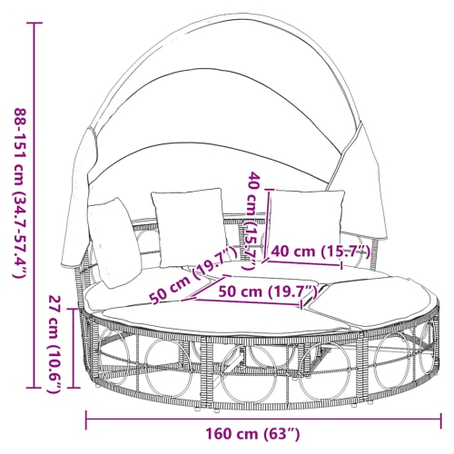 vidaXL Outdoor Lounge Bed with Canopy and Cushions Black Poly Rattan