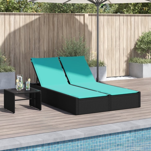 vidaXL Double Sun Lounger with Cushions Black Poly Rattan