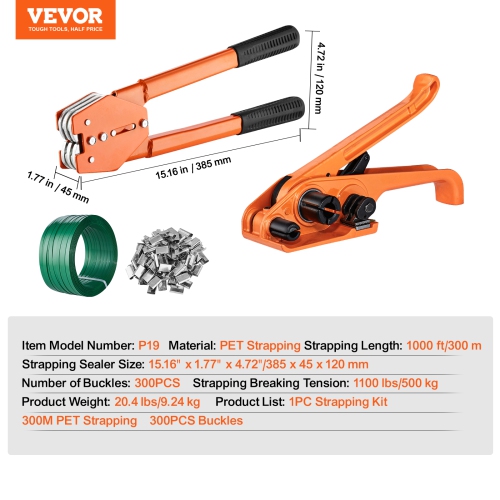 VEVOR Banding Strapping Kit with Strapping Tensioner Tool, Banding Sealer Tool, 1000 ft Length PET Band, 300 Metal Seals, Pallet Packaging Strapping