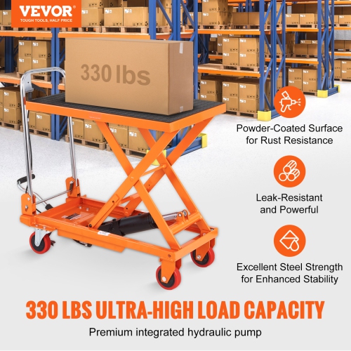 VEVOR Hydraulic Lift Table Cart, 330lbs Capacity 28.5" Lifting Height, Manual Single Scissor Lift Table with 4 Wheels and Non-slip Pad,Hydraulic