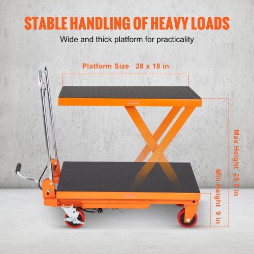 VEVOR Hydraulic Lift Table Cart, 330lbs Capacity 28.5" Lifting Height, Manual Single Scissor Lift Table with 4 Wheels and Non-slip Pad,Hydraulic