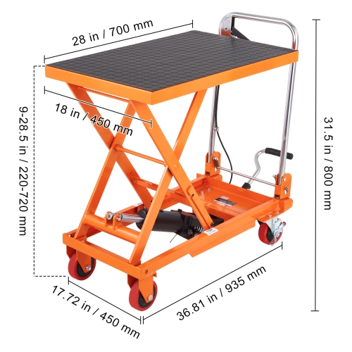 VEVOR Hydraulic Lift Table Cart, 330lbs Capacity 28.5" Lifting Height, Manual Single Scissor Lift Table with 4 Wheels and Non-slip Pad,Hydraulic