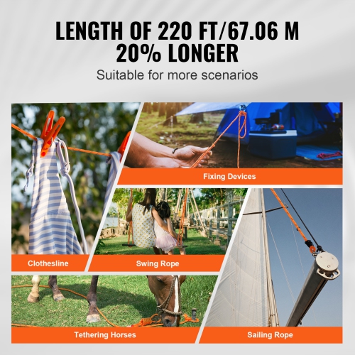 VEVOR 3/4 in x 220 ft Double Braided Polyester Rope, 24 Strands, 12700 LBS Breaking Strength Outdoor Rope, Arborist Rigging Rope for Rock Hiking