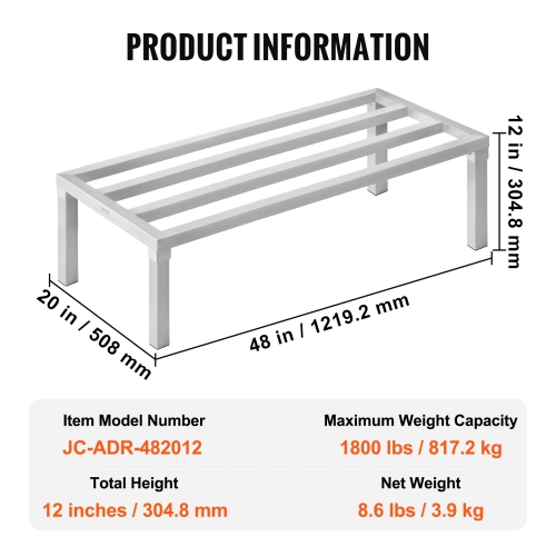 VEVOR 48” x 20” Aluminum Dunnage Rack, Commercial Food Floor Rack, 12” Off the Floor, 1800 lbs Capacity All-Welded Aluminum Storage Rack, for Storage