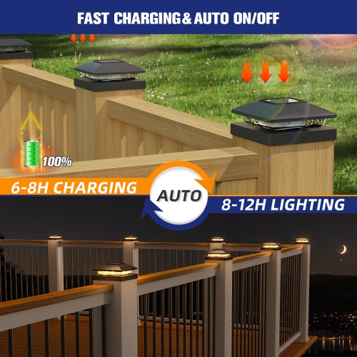 6 Packs Solar Post Cap Lights,4x4 Post Solar Lights Warm White Outdoor Waterproof Garden Patio Fence Deck Decor,Solar Fence Post Lights