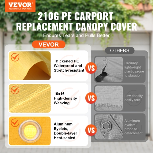 VEVOR 10 x 20 ft Carport Replacement Canopy Cover, Garage Top Tent Shelter Tarp Heavy-Duty Waterproof & UV Protected, with Ball Bungees,Beige