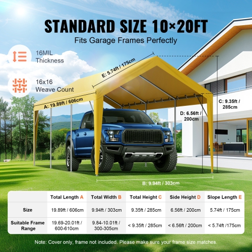 VEVOR 10 x 20 ft Carport Replacement Canopy Cover, Garage Top Tent Shelter Tarp Heavy-Duty Waterproof & UV Protected, with Ball Bungees,Beige