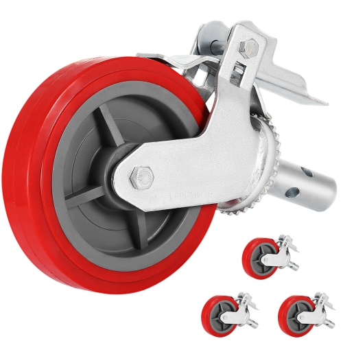 VEVOR Scaffolding Wheels Set of 4, 8" Scaffolding Casters Heavy Duty, 3200 Lbs Per Set - Locking Stem Casters with Brake, Red Polyurethane -