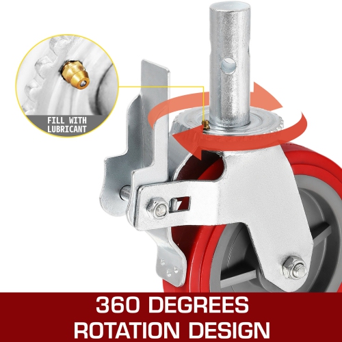 VEVOR Scaffolding Wheels Set of 4, 8" Scaffolding Casters Heavy Duty, 3200 Lbs Per Set - Locking Stem Casters with Brake, Red Polyurethane -