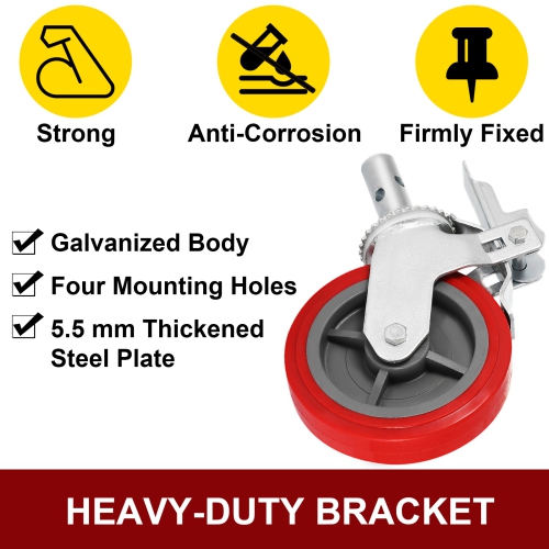 VEVOR Scaffolding Wheels Set of 4, 8" Scaffolding Casters Heavy Duty, 3200 Lbs Per Set - Locking Stem Casters with Brake, Red Polyurethane -