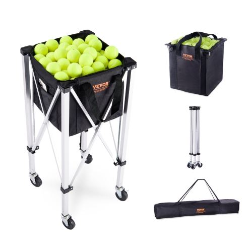 VEVOR Foldable Tennis Ball Hopper, Holds 150 Tennis Balls, Lightweight Aluminum Alloy Tennis Ball Basket Cart with Wheels, Removable Bag, Carry Bag,