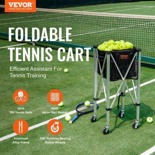 VEVOR Foldable Tennis Ball Hopper, Holds 150 Tennis Balls, Lightweight Aluminum Alloy Tennis Ball Basket Cart with Wheels, Removable Bag, Carry Bag,