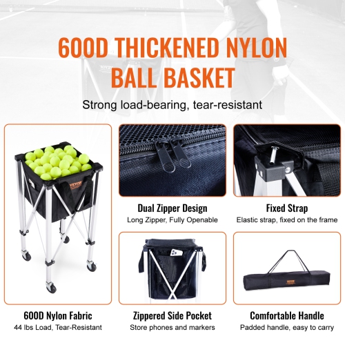 VEVOR Foldable Tennis Ball Hopper, Holds 150 Tennis Balls, Lightweight Aluminum Alloy Tennis Ball Basket Cart with Wheels, Removable Bag, Carry Bag,
