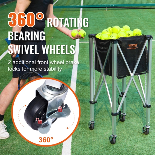 VEVOR Foldable Tennis Ball Hopper, Holds 150 Tennis Balls, Lightweight Aluminum Alloy Tennis Ball Basket Cart with Wheels, Removable Bag, Carry Bag,