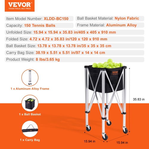 VEVOR Foldable Tennis Ball Hopper, Holds 150 Tennis Balls, Lightweight Aluminum Alloy Tennis Ball Basket Cart with Wheels, Removable Bag, Carry Bag,