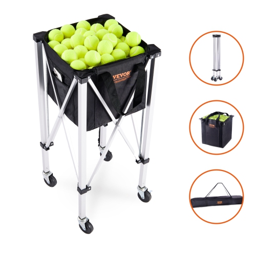 VEVOR Foldable Tennis Ball Hopper, Holds 150 Tennis Balls, Lightweight Aluminum Alloy Tennis Ball Basket Cart with Wheels, Removable Bag, Carry Bag,
