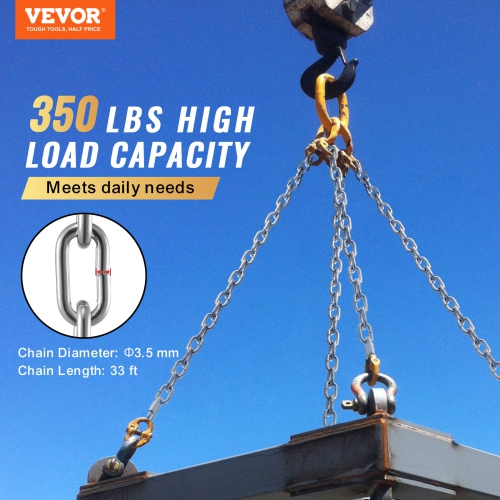 VEVOR 1/8" x 33' Proof Coil Chain, 350 lbs Safe Working Load, Zinc Plated Proof Tested Coil Chain with Two Quick Links, Galvanized Carbon Steel Link