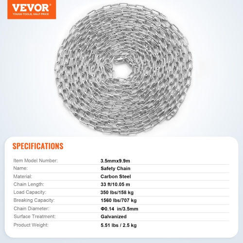 VEVOR 1/8" x 33' Proof Coil Chain, 350 lbs Safe Working Load, Zinc Plated Proof Tested Coil Chain with Two Quick Links, Galvanized Carbon Steel Link
