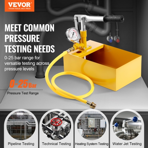 VEVOR Max 25 bar/362 PSI, Hydrostatic Test Pump, Single Valve Hydraulic Manual Water Pressure Tester Kit with Gauge 1.4 Gal Water Tank, 3 ft Hose