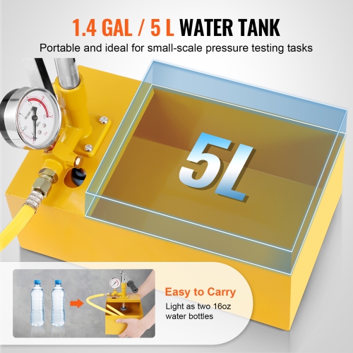 VEVOR Max 25 bar/362 PSI, Hydrostatic Test Pump, Single Valve Hydraulic Manual Water Pressure Tester Kit with Gauge 1.4 Gal Water Tank, 3 ft Hose