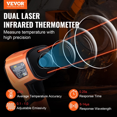 VEVOR -40~2732°F Infrared Thermometer, Dual Laser Temperature Gun Non-Contact, IR Heat Temperature Gun with Emissivity for Metal