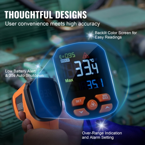 VEVOR -40~2732°F Infrared Thermometer, Dual Laser Temperature Gun Non-Contact, IR Heat Temperature Gun with Emissivity for Metal