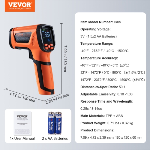 VEVOR -40~2732°F Infrared Thermometer, Dual Laser Temperature Gun Non-Contact, IR Heat Temperature Gun with Emissivity for Metal