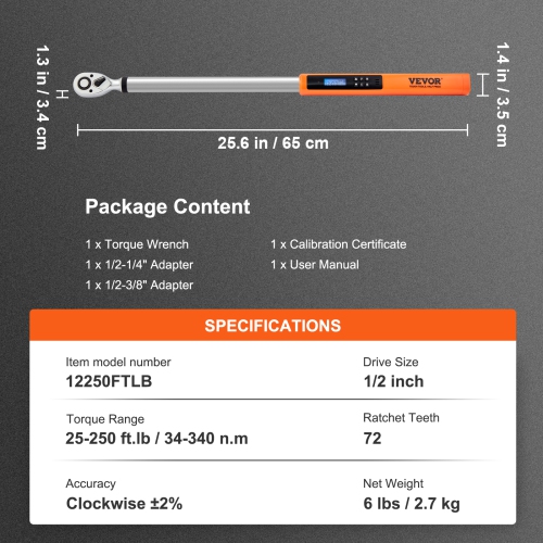 VEVOR 1/2" Drive Digital Electronic Torque Wrench, Torque Wrench Kit 25-250ft.lb/34-340n.m Torque Range Accurate to ±2%, 3-Mode Torque Wrench Set