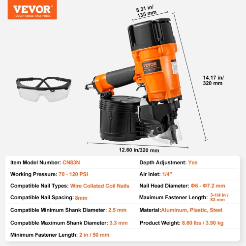 VEVOR CN83N Coil Siding/Framing Nailer, 2" to 3-1/4" 15 Degree Pneumatic Siding Nail Gun with Depth Adjustment, 70-120PSI Air Coil Nailer for