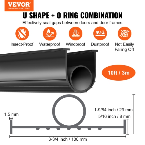 VEVOR 5/16 inch T-ends and 3 3/4 inch Width Garage Door Seals Bottom Rubber, U Shape +O Ring Garage Door Weather Stripping, Threshold Buffering