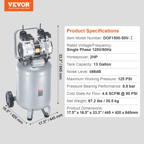 VEVOR 13 Gallon Air Compressor, 2HP 4.6 SCFM@90PSI Oil Free Tank, 66dB Ultra-Quiet Compressor for Tire Inflation,Auto Repair,Woodwork Nailing, Spray