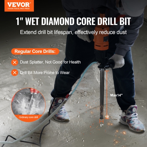 VEVOR 1" Wet Diamond Core Drill Bits, 14" Drilling Depth Concrete Core Drill Bit, 5/8"-11 Inner Thread, Laser Welding, Diamond Wet Coring Bit for