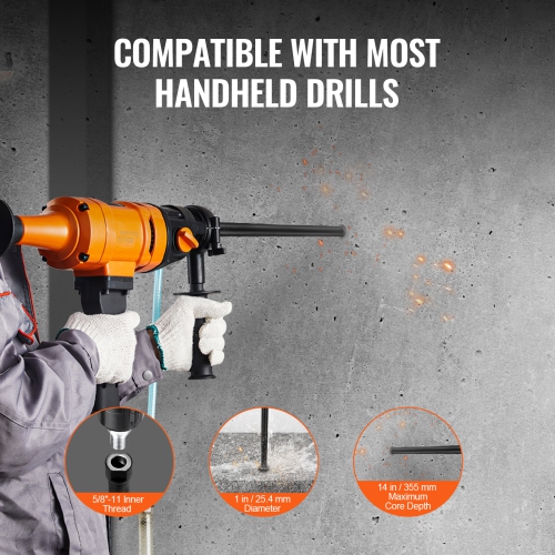 VEVOR 1" Wet Diamond Core Drill Bits, 14" Drilling Depth Concrete Core Drill Bit, 5/8"-11 Inner Thread, Laser Welding, Diamond Wet Coring Bit for