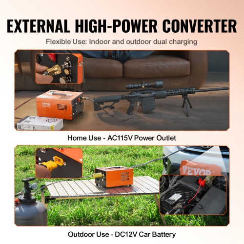 VEVOR 4500PSI/30Mpa Portable PCP Airgun Compressor with External Converter, DC12V, AC115V | Oil & Water-Free | Manual-Stop Air Rifle, Paintball and