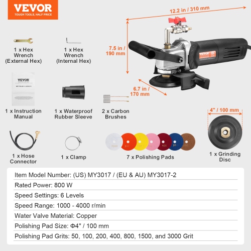 VEVOR 800W Wet Polisher, 4" Concrete Grinder with 6 Speed and 7 Polishing Kits,Grinder Machine for Marble, Granite, Stone, Rock, Tile, Equipped with