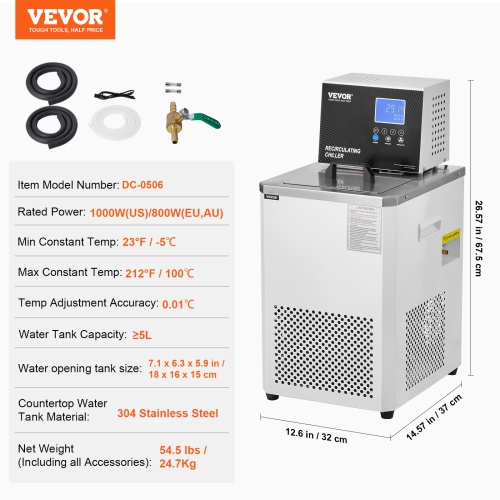 VEVOR 6L Laboratory Chiller Circulator, Chiller Lab Low Temperature Cooling Liquid, 23°F-212°F Circulator Pump Chiller, LCD Display, Water Bath