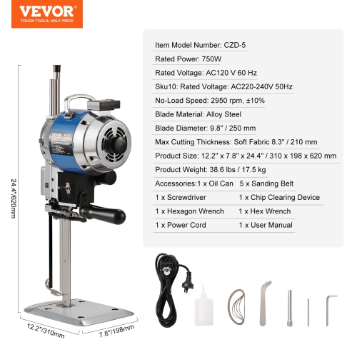 VEVOR 750W High-Speed Straight Knife Cloth Cutting Machine, 9.8" Alloy Steel Blade, Industrial Fabric Cutting Machine with Automatic Knife Sharpen,