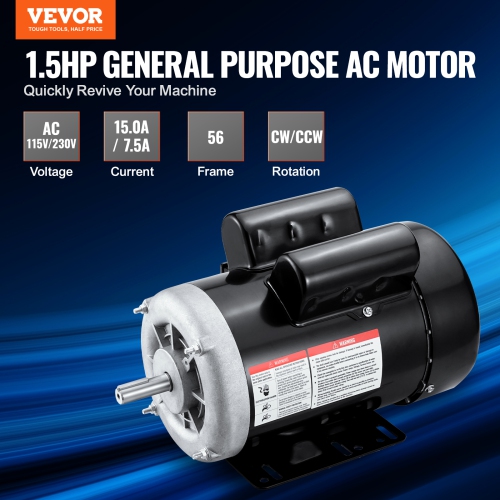 VEVOR 1.5HP Electric Motor 3450 rpm, AC 115V/230V, 56 Frame, Air Compressor Motor Single Phase, 5/8" Keyed Shaft, CW/CCW Rotation for Agricultural