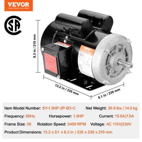 VEVOR 1.5HP Electric Motor 3450 rpm, AC 115V/230V, 56 Frame, Air Compressor Motor Single Phase, 5/8" Keyed Shaft, CW/CCW Rotation for Agricultural