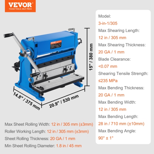 VEVOR 12-inch Sheet Metal Brake, 3-In-1 Combination Shear Brake Roll Machine, 20-Gauge Capacity Shear Press Brake with 90° Max Bending Angle, Shears